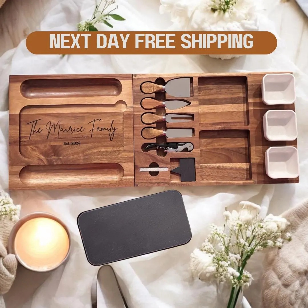 Customized Cheese Board Set with Slate, Ceramic Bowls, Wine Opener, Cheese Knives- 13 Pieces