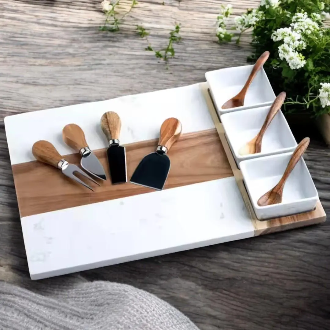 Personalized Marble and Acacia Wood Charcuterie Board Set, 11 Pieces