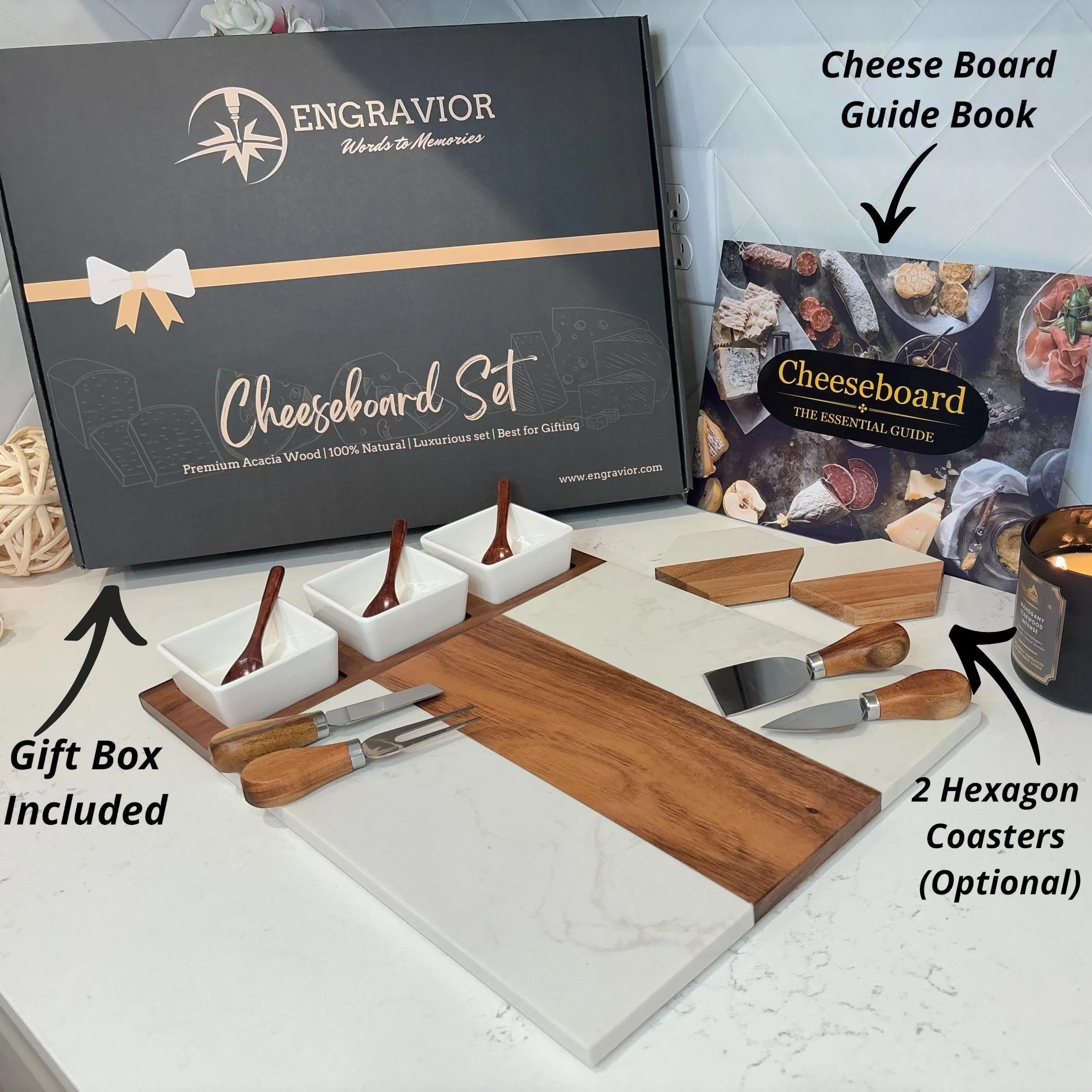 Personalized Marble and Acacia Wood Charcuterie Board Set, 11 Pieces