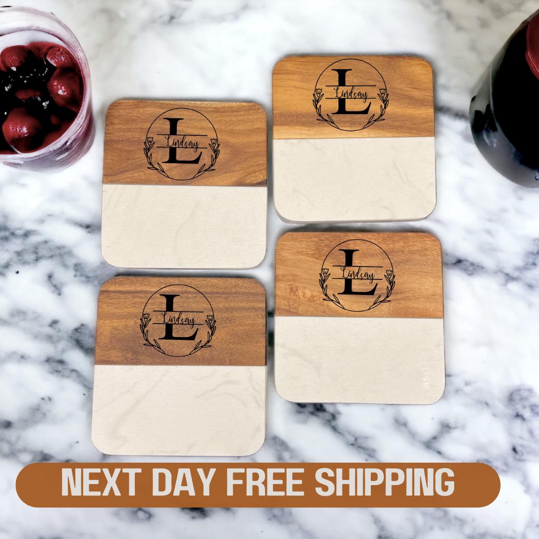 Personalized Wood and White Ceramic Coaster Set of 4 pcs