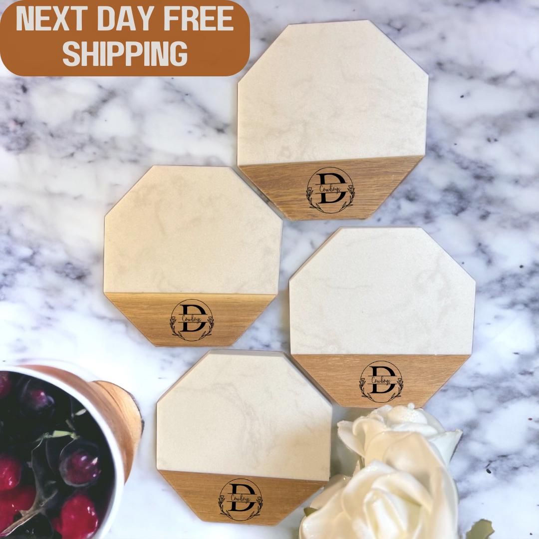 Personalized Wood and White Ceramic Coaster Set of 4 pcs