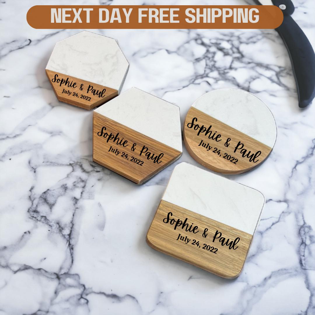 Personalized Wood and White Ceramic Coaster Set of 4 pcs