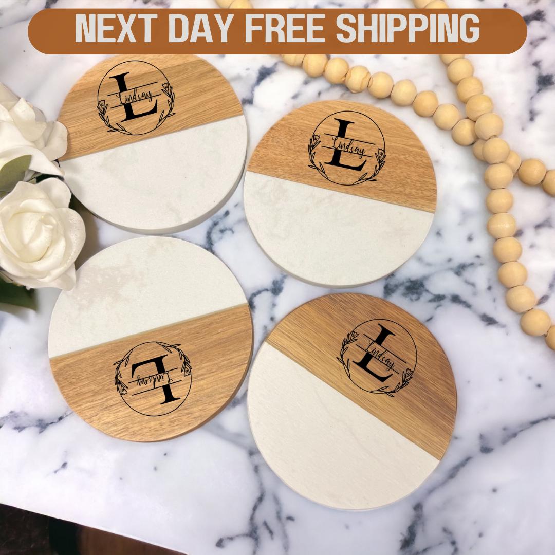 Personalized Wood and White Ceramic Coaster Set of 4 pcs