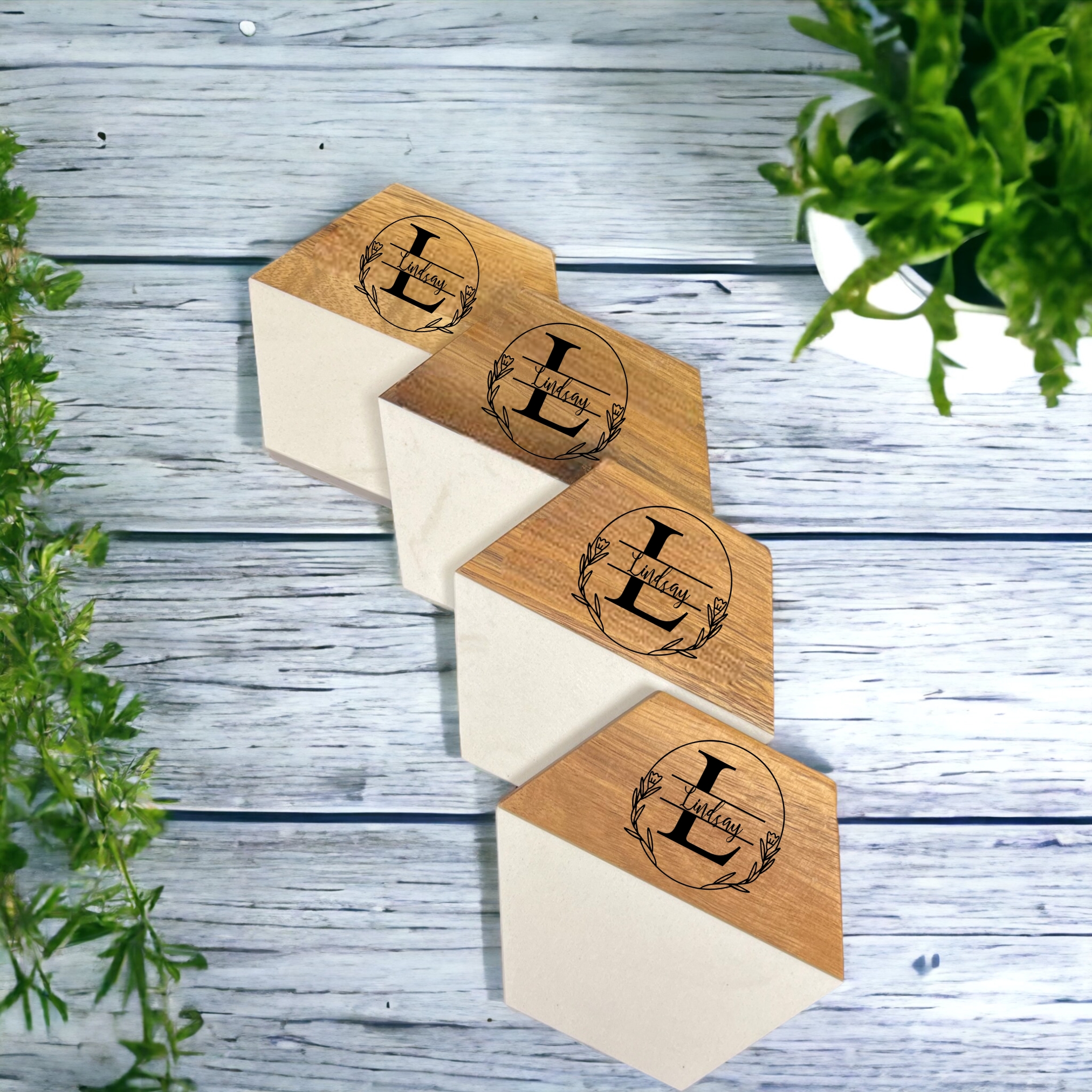 Personalized Wood and White Ceramic Coaster Set of 4 pcs