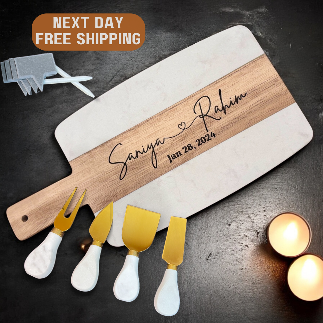 Personalized Marble and Wood Charcuterie Cheese Serving Board 
