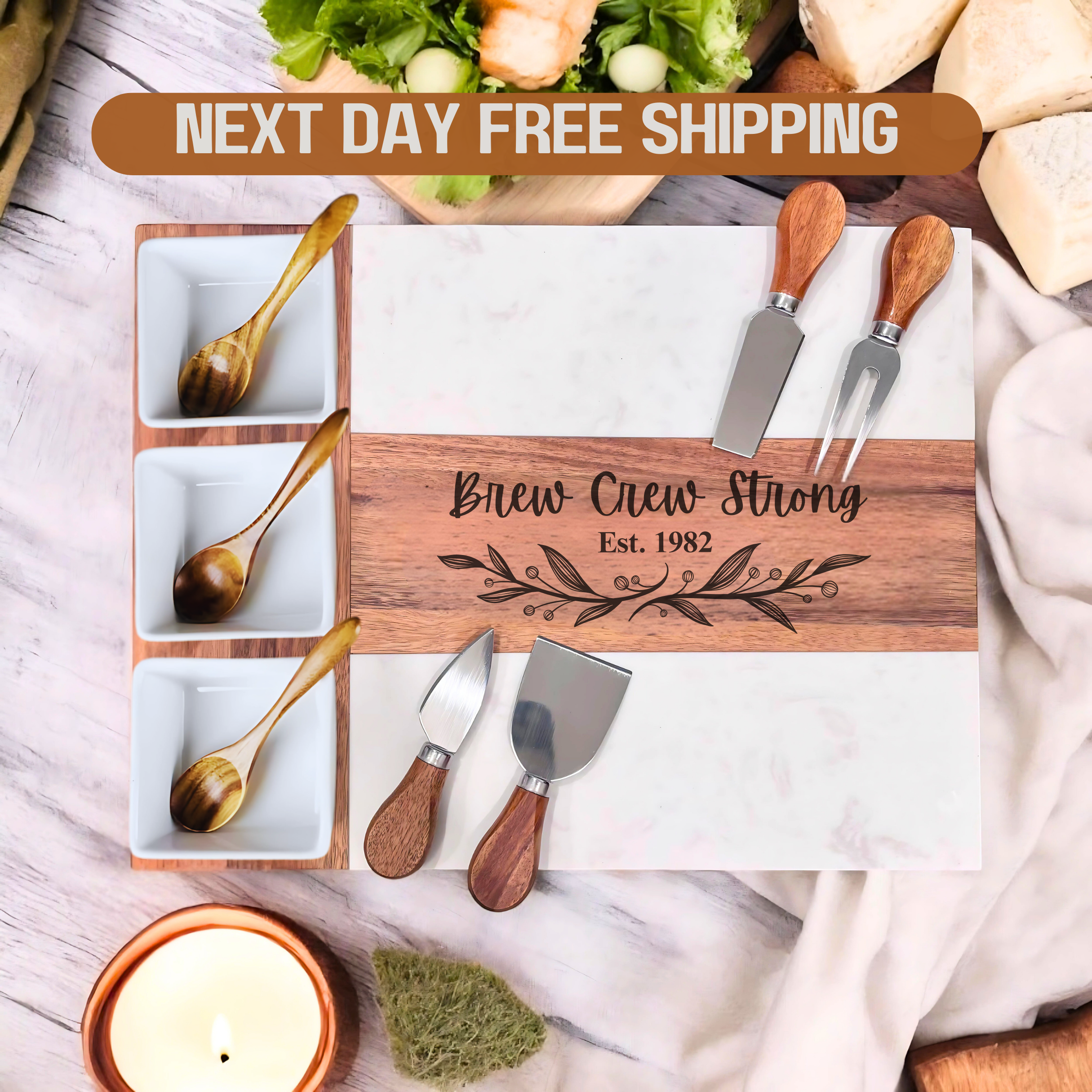 Personalized Marble and Acacia Wood Charcuterie Board Set, 11 Pieces
