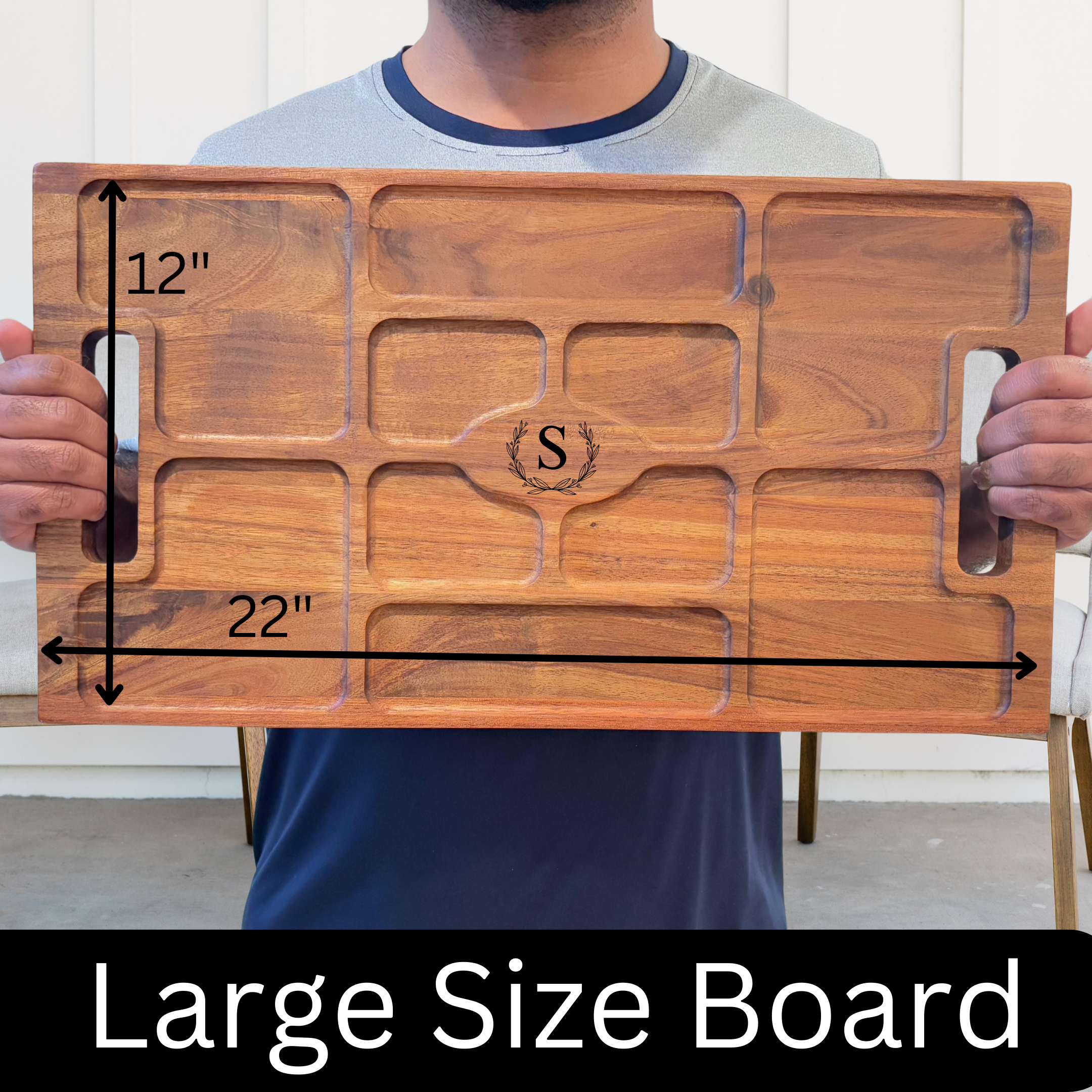 Large Serving Board with Multi-Compartment Design, Carved Slots, Handle Grip - Wedding Gift, Birthday, Anniversary, Housewarming Gift