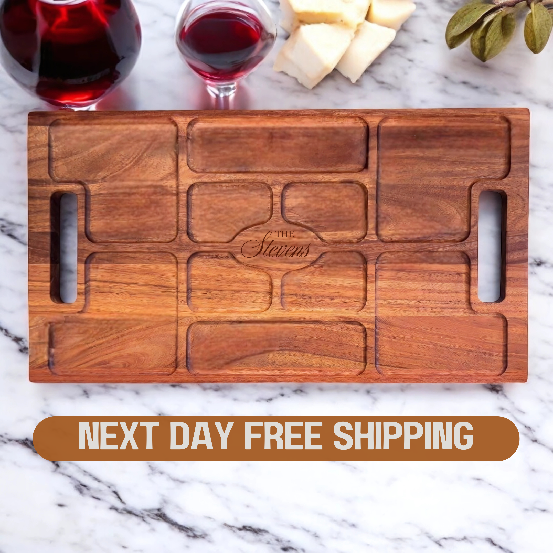 Large Serving Board with Multi-Compartment Design, Carved Slots, Handle Grip - Wedding Gift, Birthday, Anniversary, Housewarming Gift