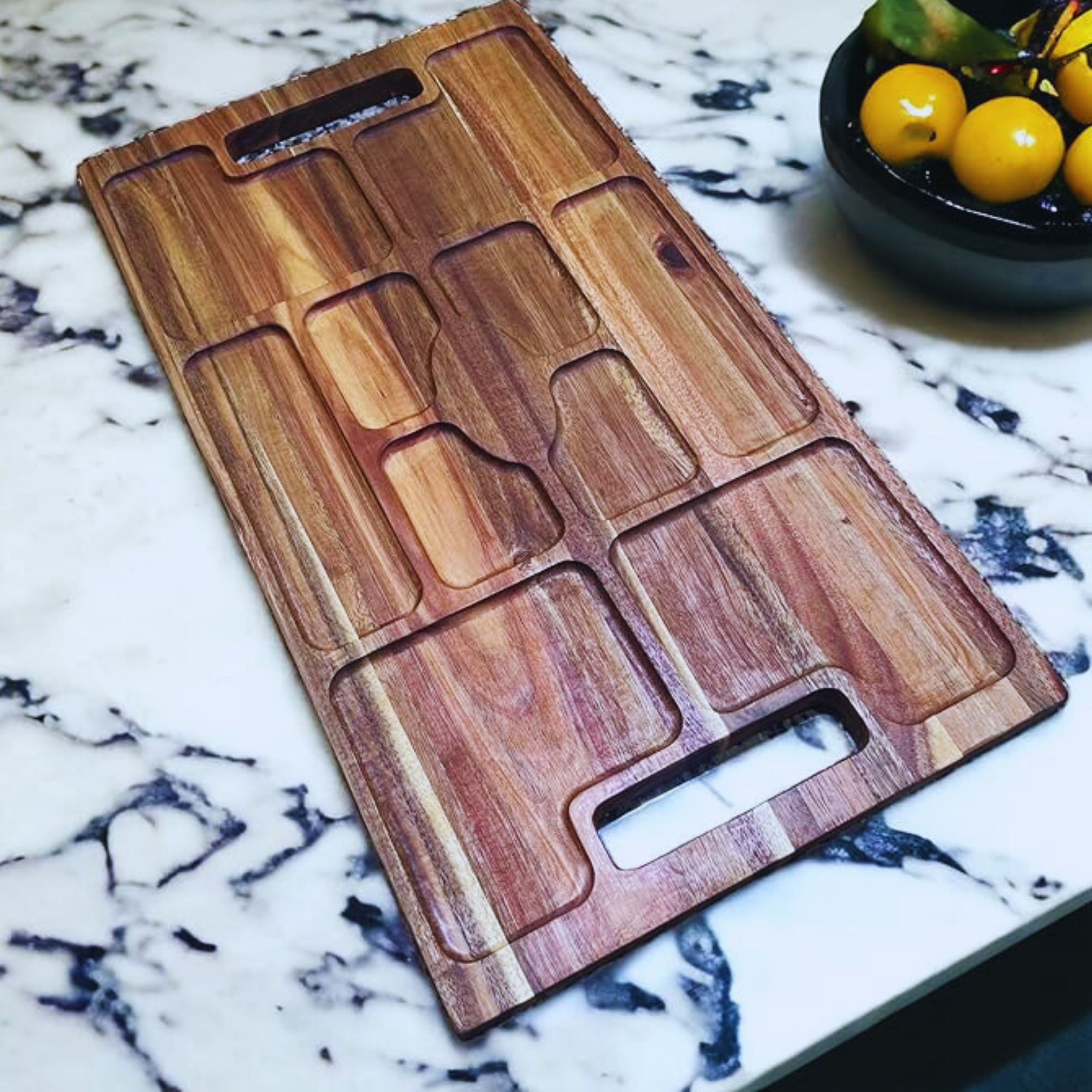 Large Serving Board with Multi-Compartment Design, Carved Slots, Handle Grip - Wedding Gift, Birthday, Anniversary, Housewarming Gift