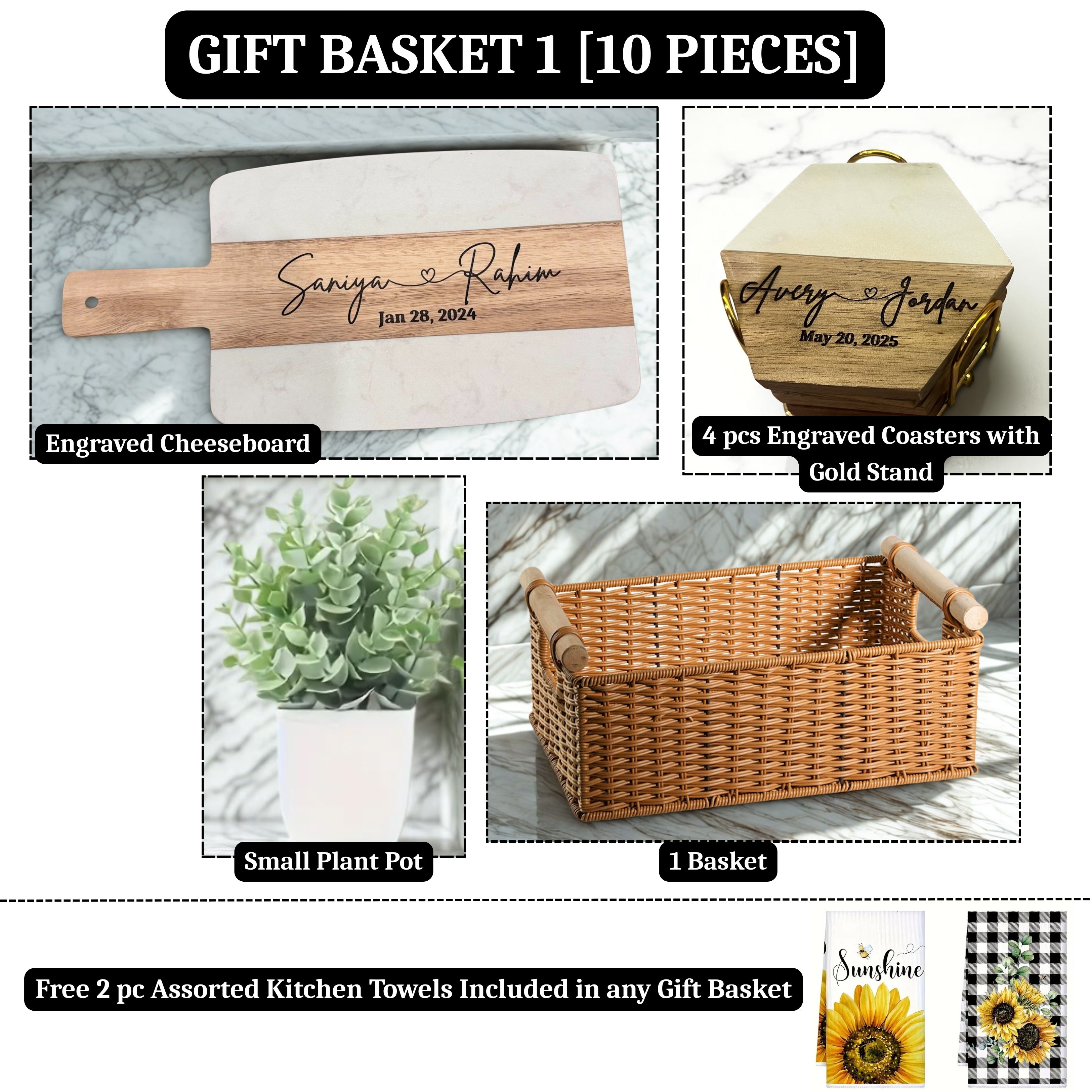 Personalized Gift Basket Set- Cutting Board, Coasters, Cheeseknives set, Tumblers - Wedding gift, Engagement Gift, Anniversary, Housewarming
