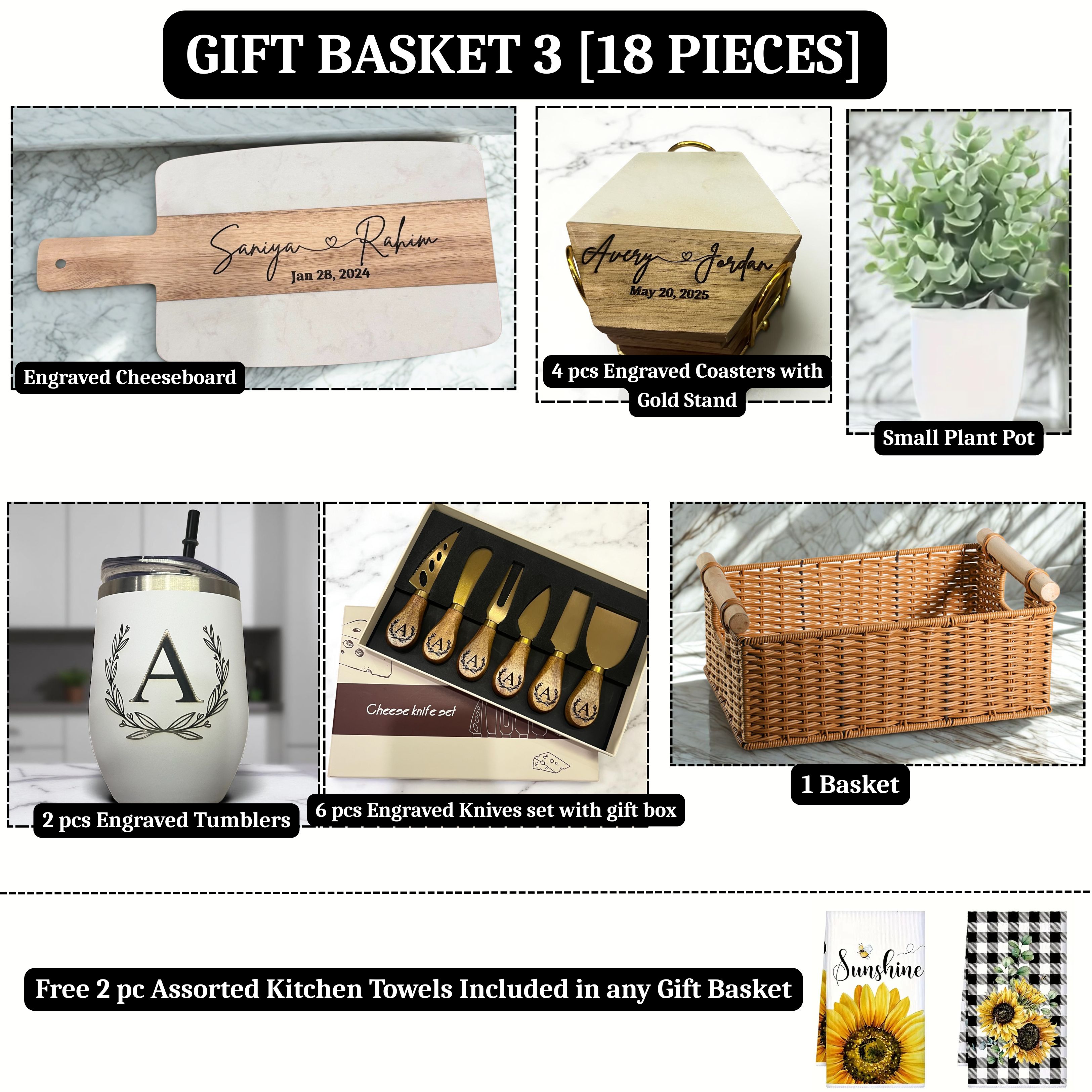 Personalized Gift Basket Set- Cutting Board, Coasters, Cheeseknives set, Tumblers - Wedding gift, Engagement Gift, Anniversary, Housewarming