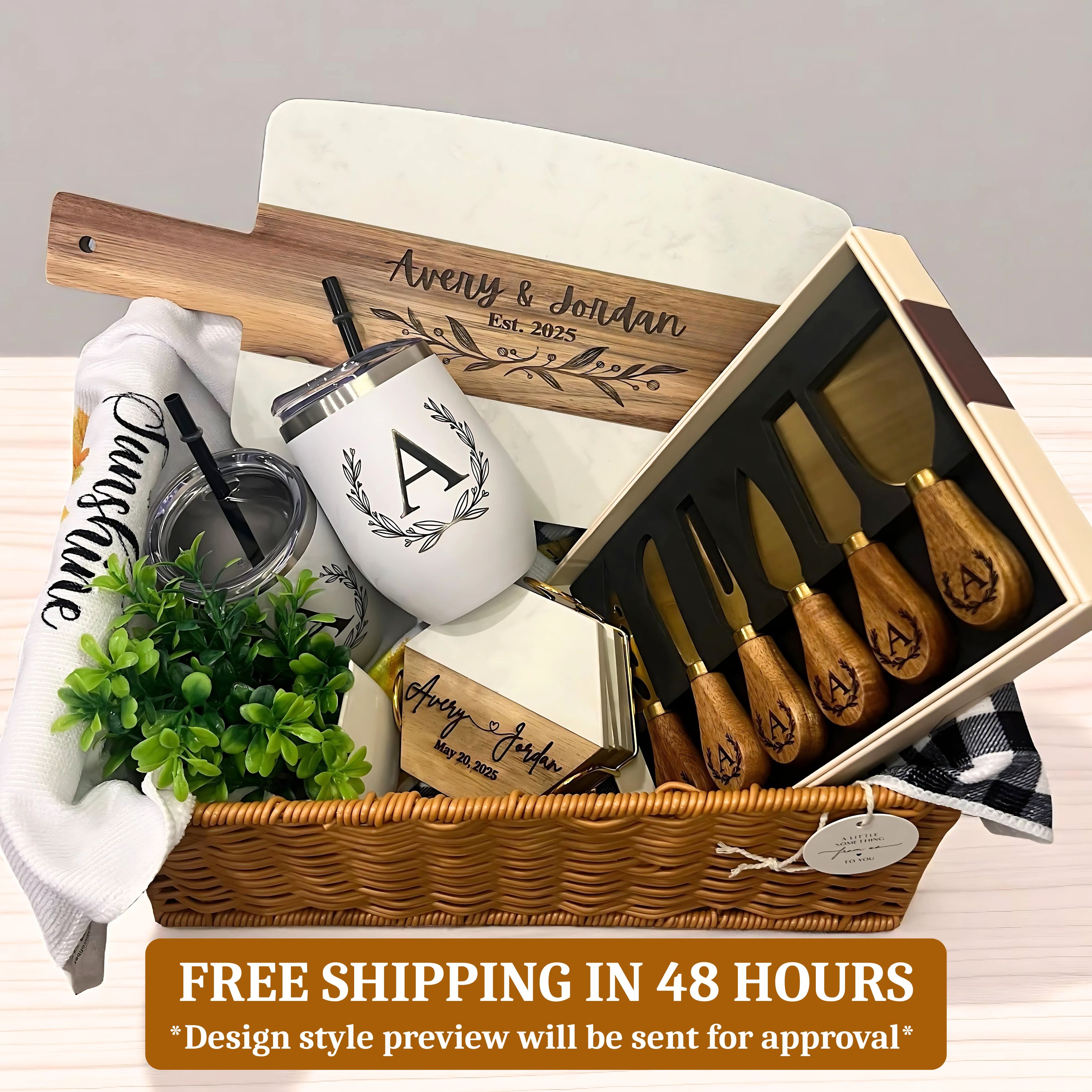 Personalized Gift Basket Set- Cutting Board, Coasters, Cheeseknives set, Tumblers - Wedding gift, Engagement Gift, Anniversary, Housewarming