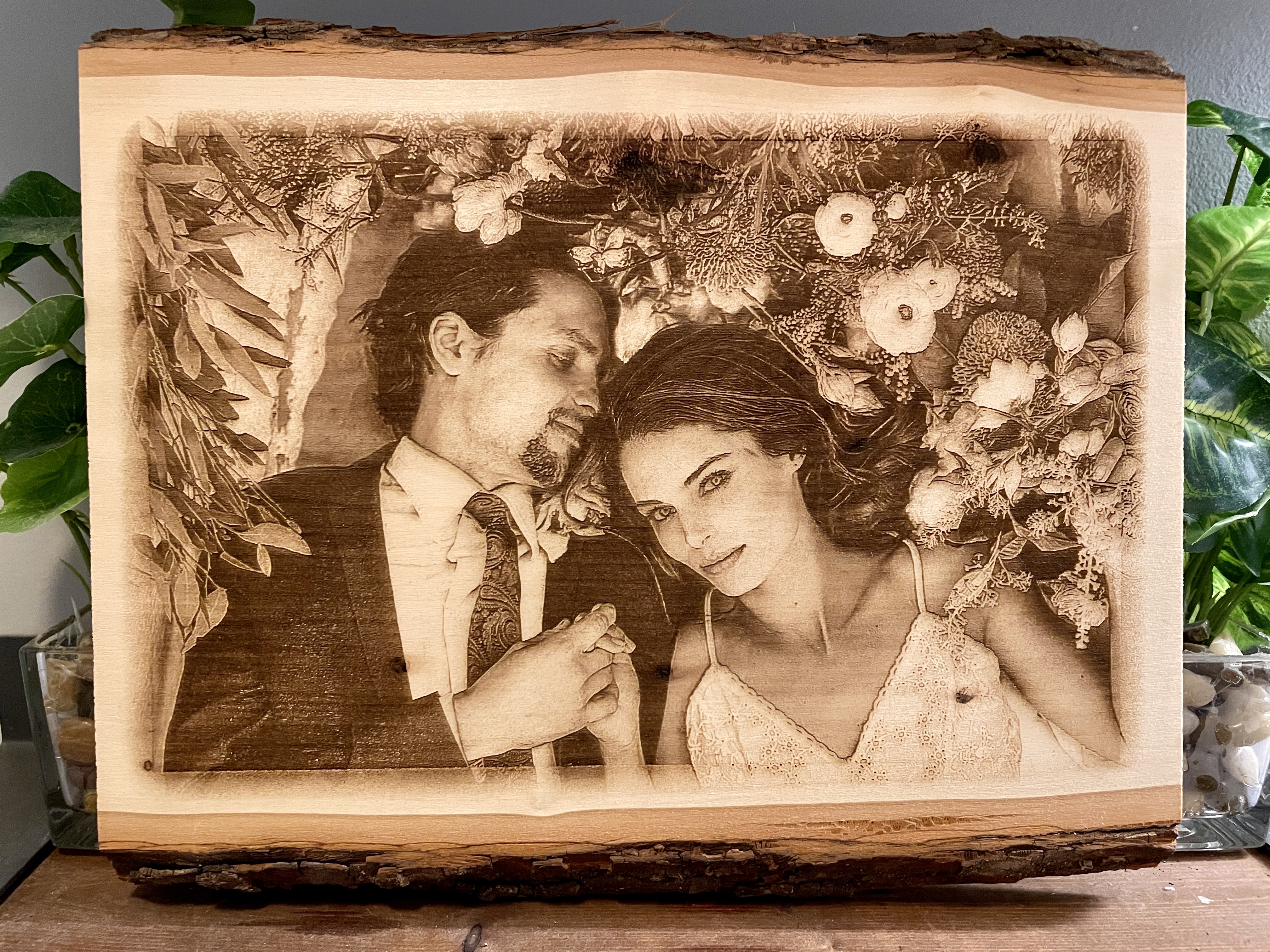 Custom Laser Engraved Photo on Wood Bark Edge