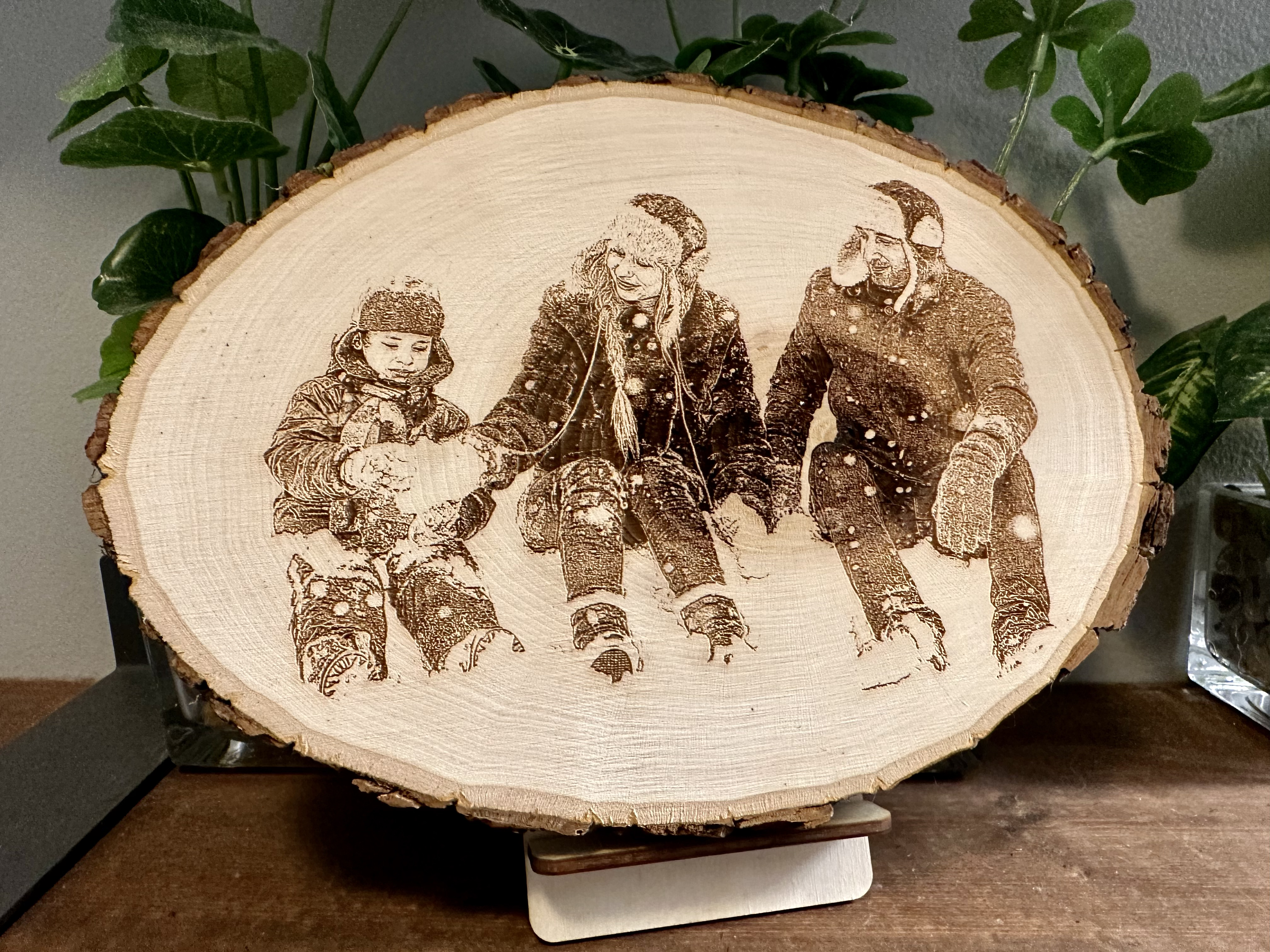 Custom Laser Engraved Photo on Wood Bark Edge