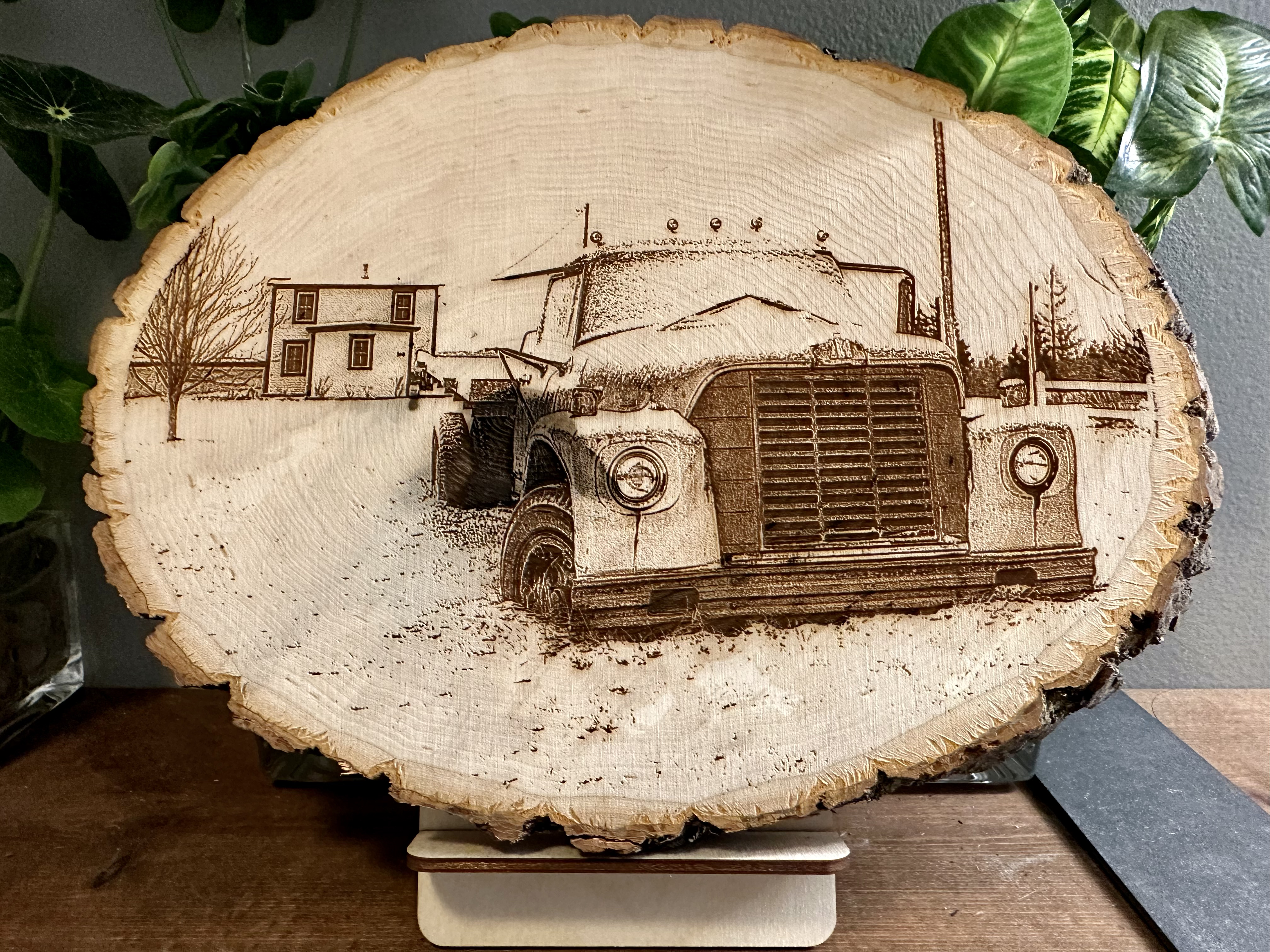 Custom Laser Engraved Photo on Wood Bark Edge