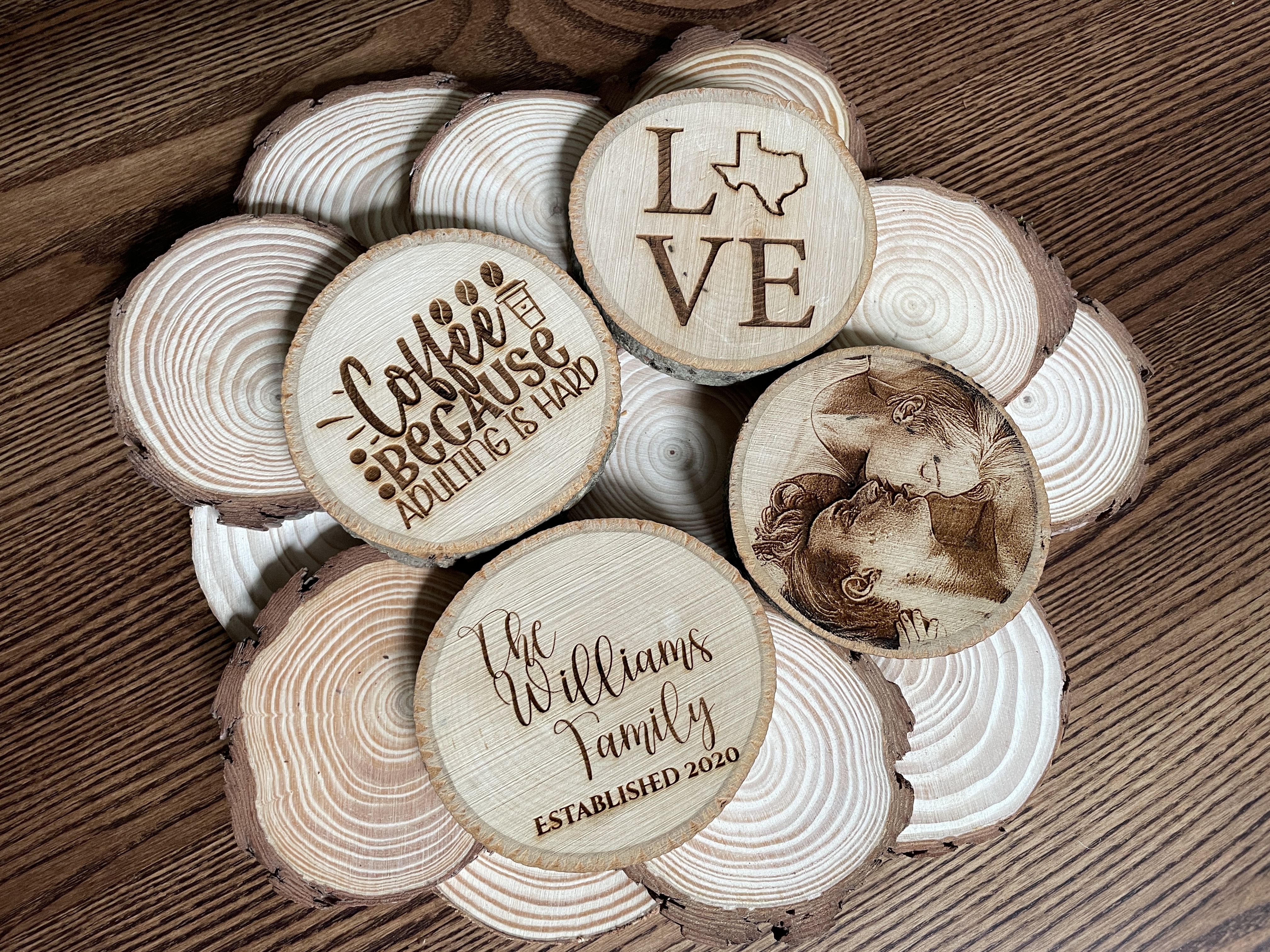 Custom Laser Engraved Photo on Wood Slice Coaster