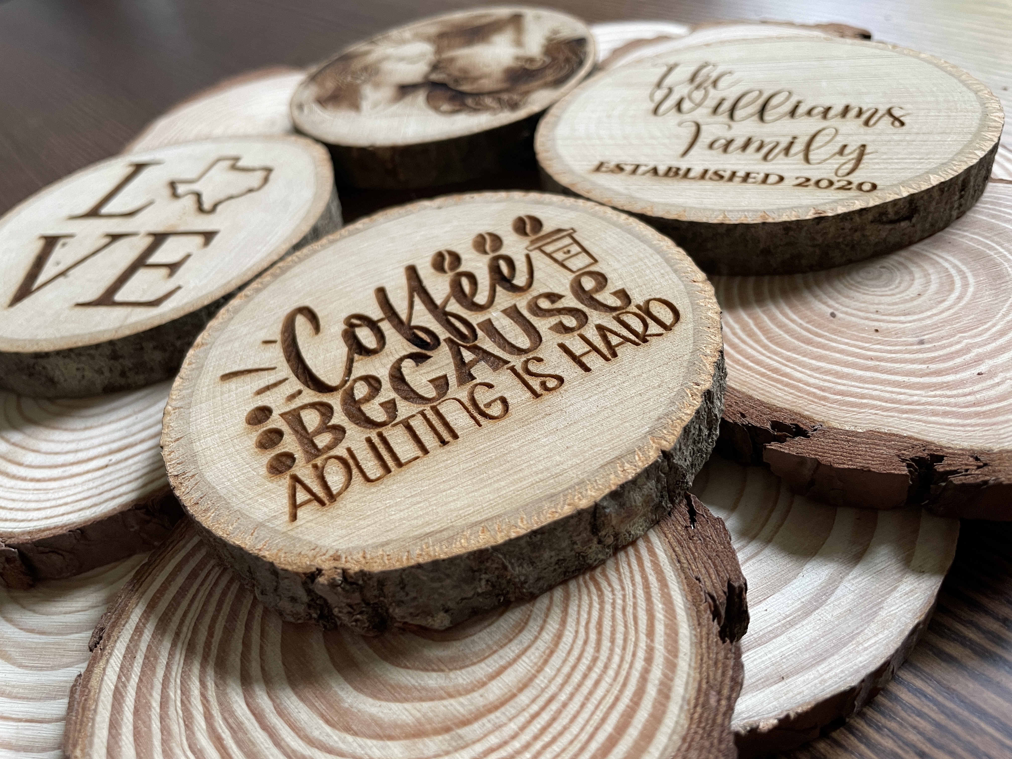 Custom Laser Engraved Photo on Wood Slice Coaster