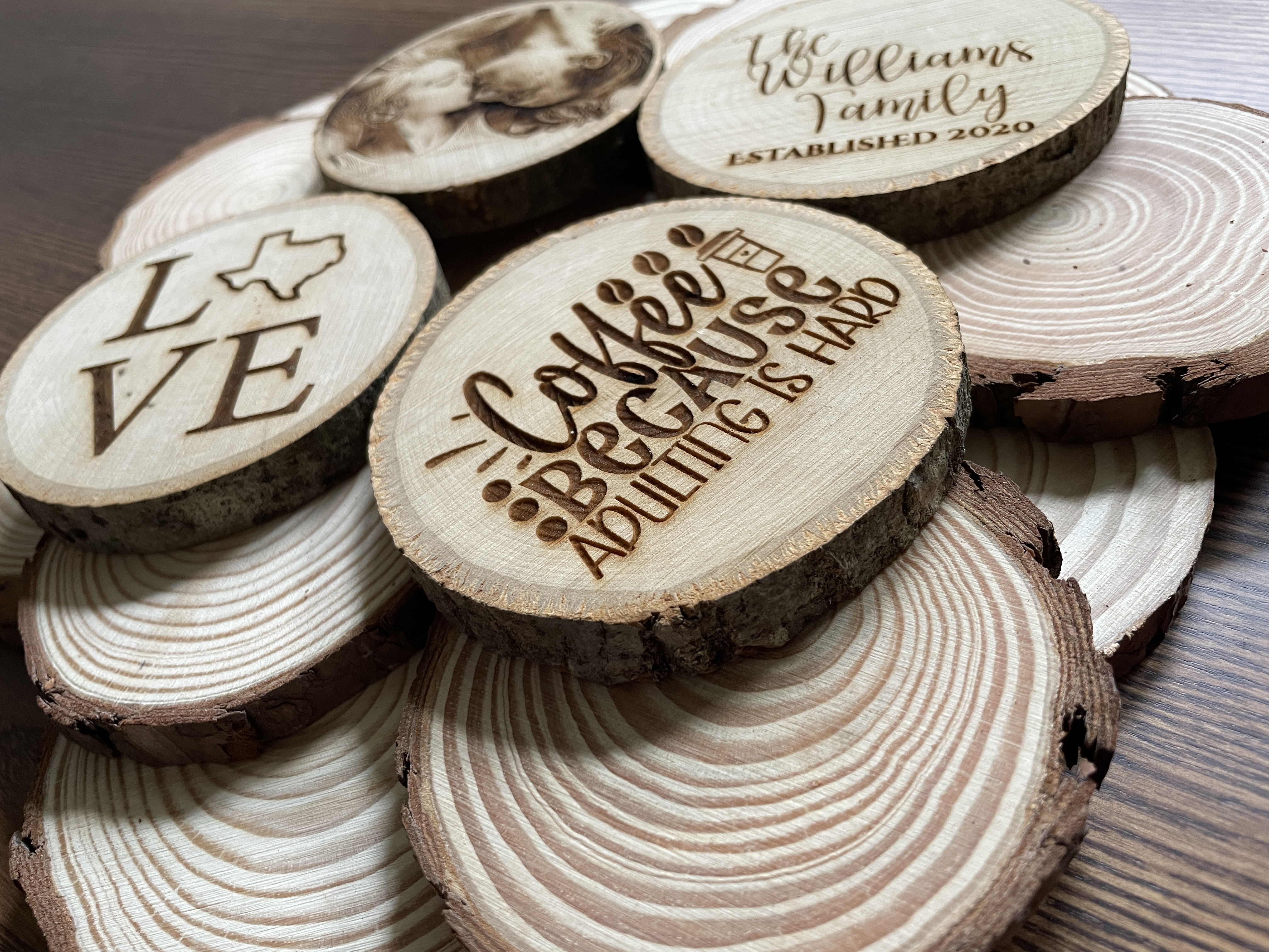 Custom Laser Engraved Photo on Wood Slice Coaster