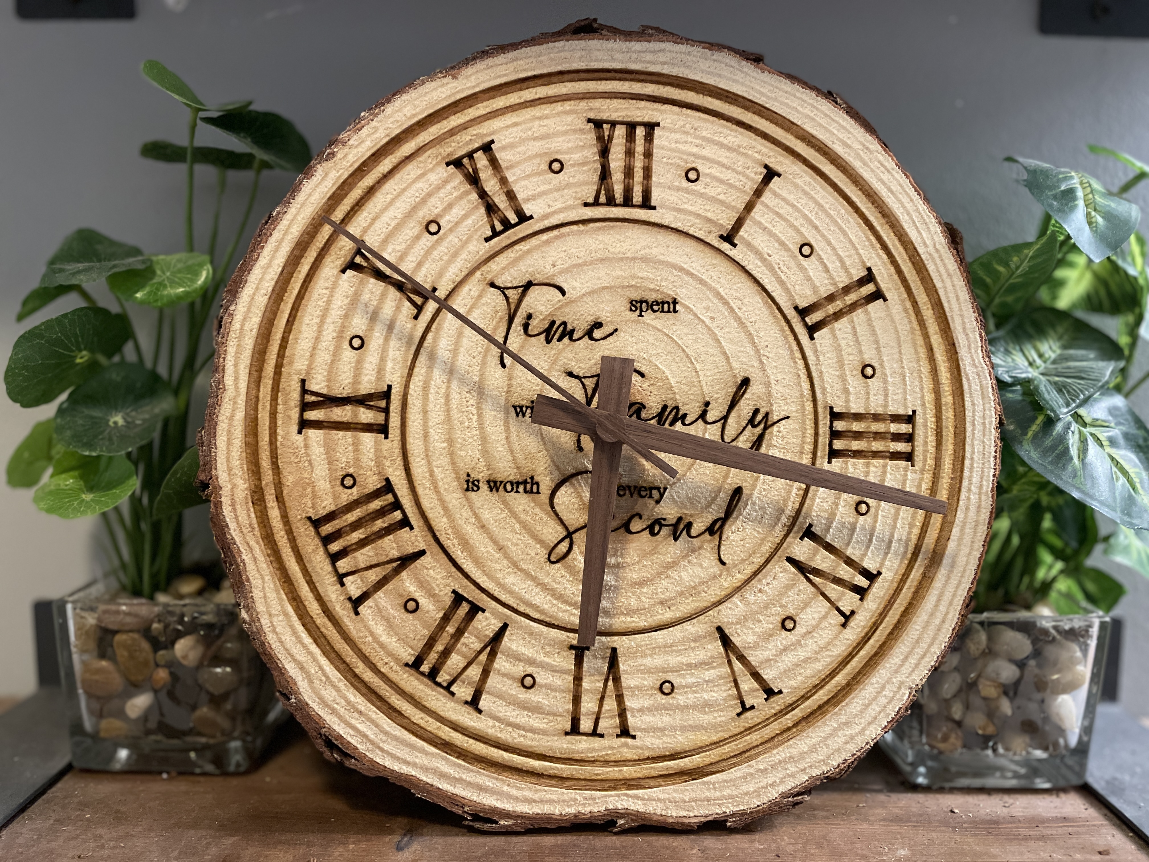 Custom Laser Engraved Clock on Wood Bark Edge, 10" Pine Wood Slice