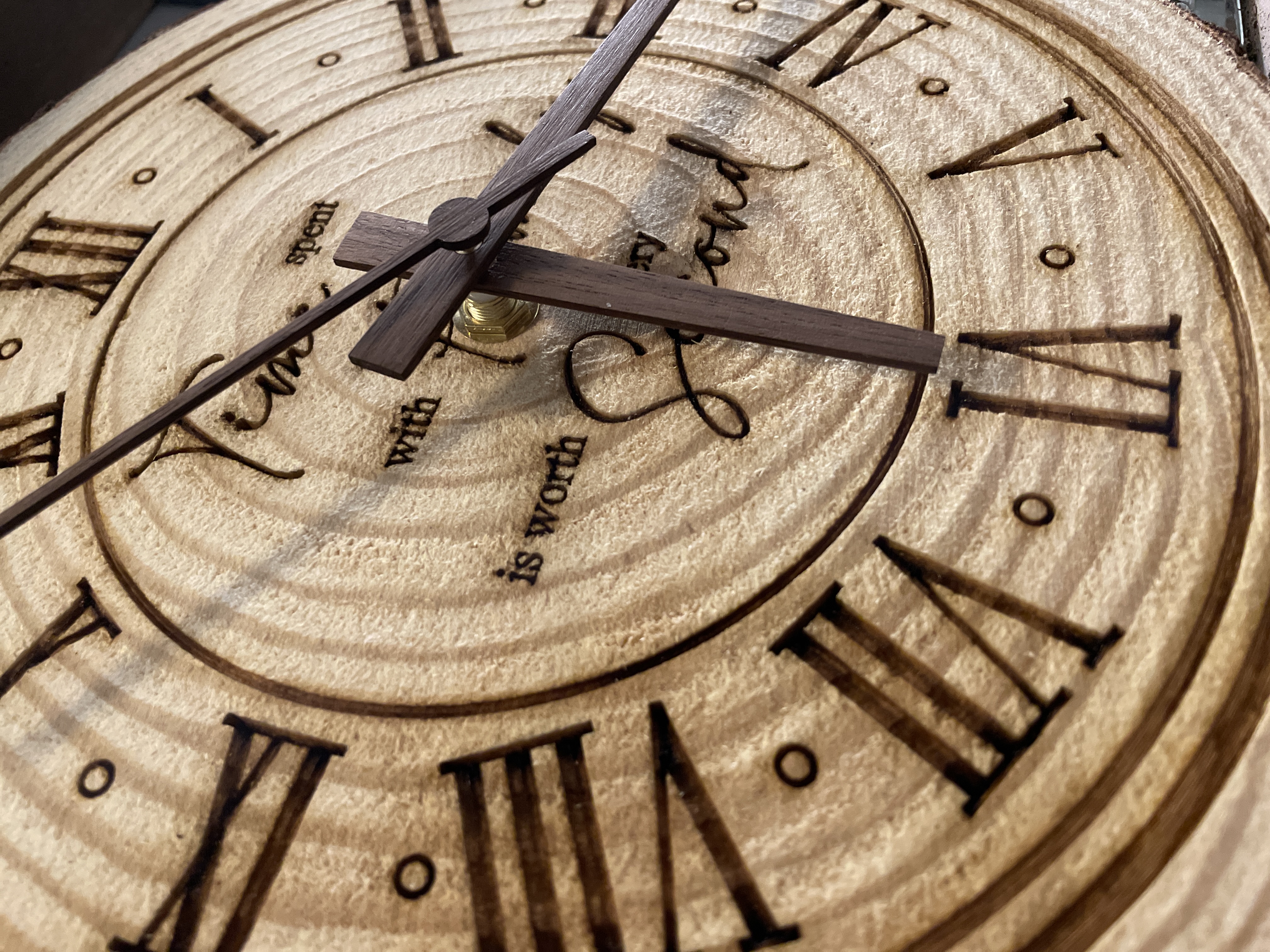 Custom Laser Engraved Clock on Wood Bark Edge, 10" Pine Wood Slice