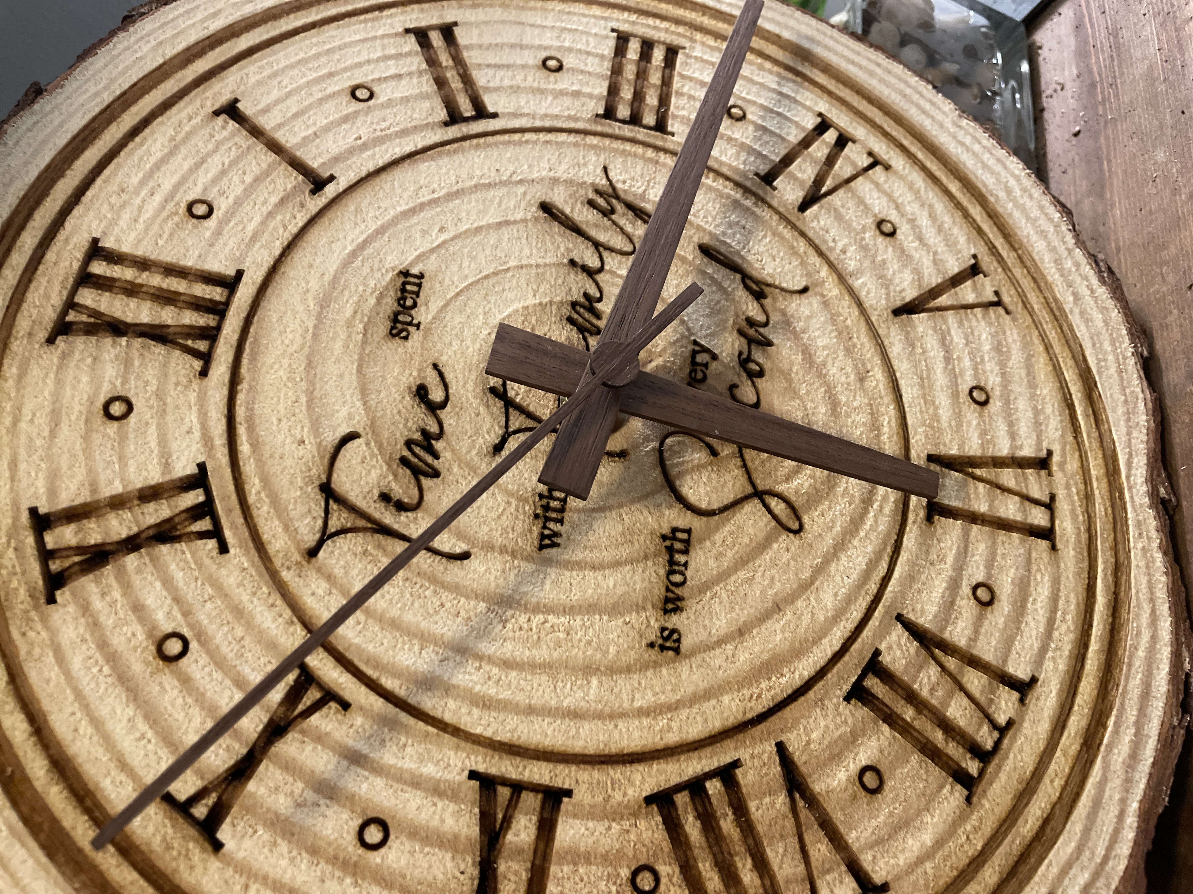 Custom Laser Engraved Clock on Wood Bark Edge, 10" Pine Wood Slice