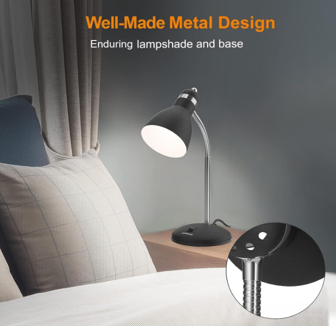 Metal Desk Lamp, Eye-Caring Table Lamp, Study Lamps with Flexible Goose Neck for Bedroom, Home Office (Matte Black)