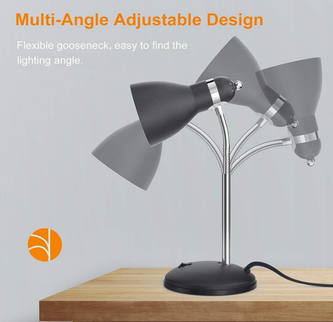 Metal Desk Lamp, Eye-Caring Table Lamp, Study Lamps with Flexible Goose Neck for Bedroom, Home Office (Matte Black)