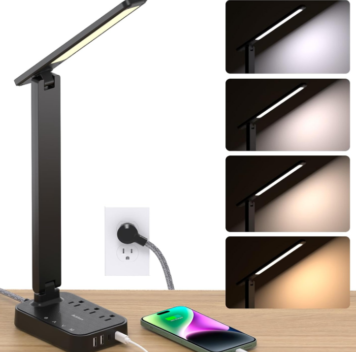 LED Desk Lamp, Power Strip with 3 Outlets 4 USB Charging Ports(2 USBC), 4 Modes 5 Level Brightness Touch Lamp, Small Desk Lamp for Home Office College Dorm Room Essentials