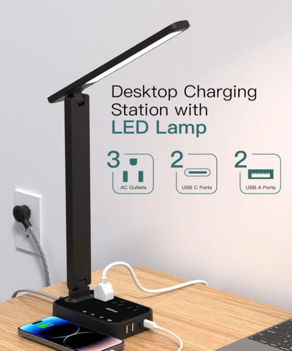 LED Desk Lamp, Power Strip with 3 Outlets 4 USB Charging Ports(2 USBC), 4 Modes 5 Level Brightness Touch Lamp, Small Desk Lamp for Home Office College Dorm Room Essentials