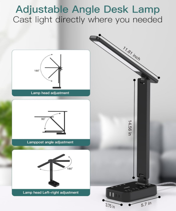 LED Desk Lamp, Power Strip with 3 Outlets 4 USB Charging Ports(2 USBC), 4 Modes 5 Level Brightness Touch Lamp, Small Desk Lamp for Home Office College Dorm Room Essentials