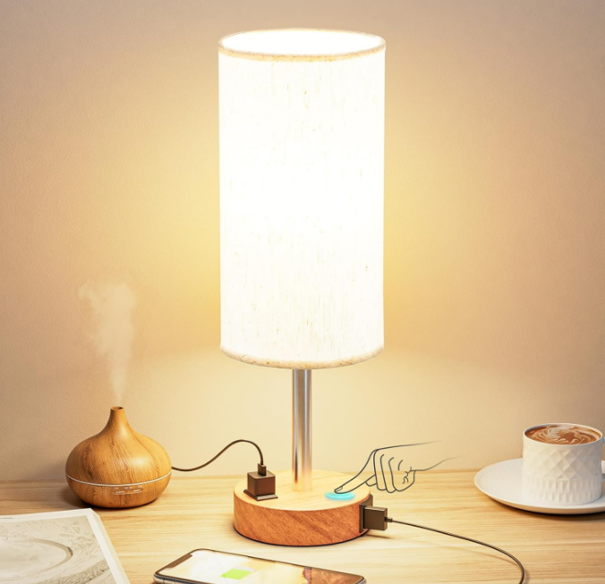 Table Lamp for Bedroom - 3 Way Dimmable Touch Lamp USB C Charging Ports and AC Outlet, Small Lamp Wood Base Round Flaxen Fabric Shade for Living Room, Desk, LED Bulb Included