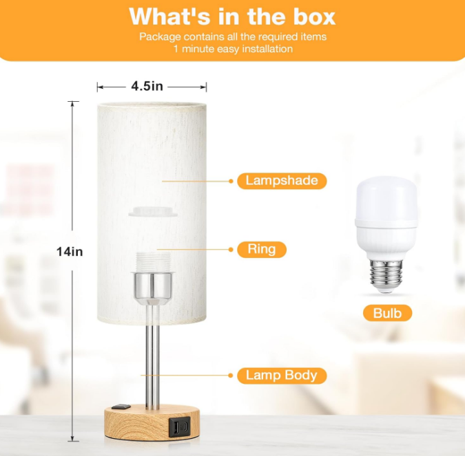 Table Lamp for Bedroom - 3 Way Dimmable Touch Lamp USB C Charging Ports and AC Outlet, Small Lamp Wood Base Round Flaxen Fabric Shade for Living Room, Desk, LED Bulb Included