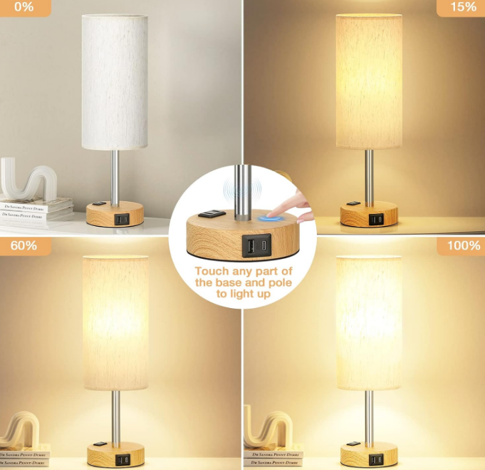 Table Lamp for Bedroom - 3 Way Dimmable Touch Lamp USB C Charging Ports and AC Outlet, Small Lamp Wood Base Round Flaxen Fabric Shade for Living Room, Desk, LED Bulb Included