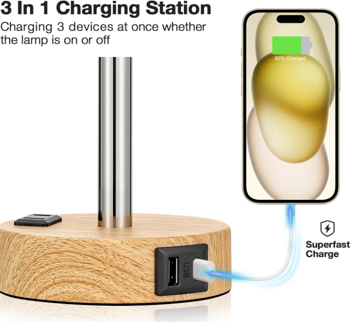 Table Lamp for Bedroom - 3 Way Dimmable Touch Lamp USB C Charging Ports and AC Outlet, Small Lamp Wood Base Round Flaxen Fabric Shade for Living Room, Desk, LED Bulb Included