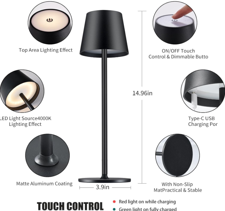 Cordless Table Lamp LED Desk lamp,5000mAh Rechargeable Touch Night Light Wireless Minimalist Design for/Restaurant/Bedroom/Bars/Outdoor Party/Camping/Coffee Shop(2 Pack Black)