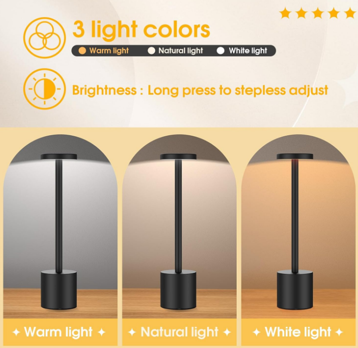 2 Pack Cordless Table Lamp,3 Colors Stepless Dimming Up,Battery Operated,Portable LED Desk Lamp for Bedroom/Restaurant/Bars/Outdoor Camping/Couple Dinner/Night Light/(Black)