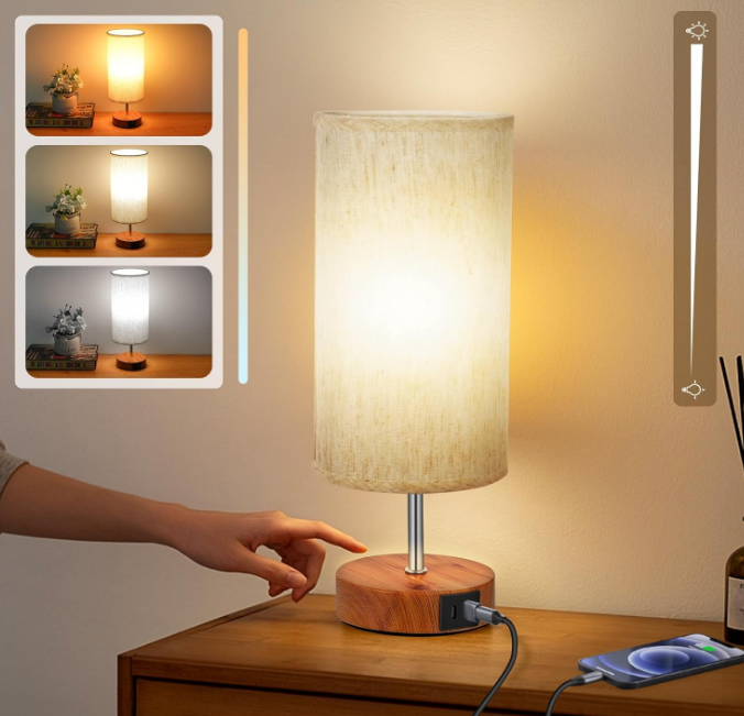 Dimming Small Lamp with 3 Color Temperature, Touch Table Lamps for Nightstand with USB A + C Ports, Bedside Lamps for Living Room Bedroom, Desk Lamp for Dorm Office, Gifts for Girl Mom, Beige