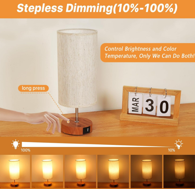 Dimming Small Lamp with 3 Color Temperature, Touch Table Lamps for Nightstand with USB A + C Ports, Bedside Lamps for Living Room Bedroom, Desk Lamp for Dorm Office, Gifts for Girl Mom, Beige