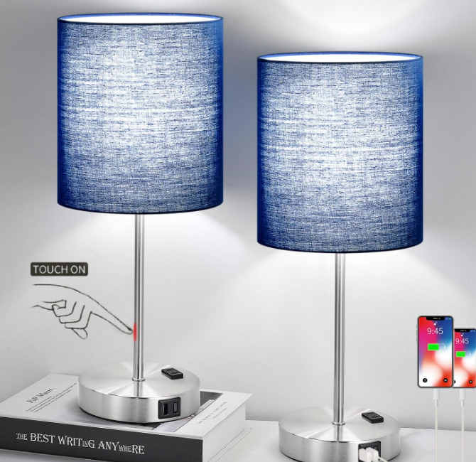 Set of 2 Touch Control Table Lamps with 2 USB & AC Outlet, 3-Way Dimmable Bedside Nightstand Lamps for Bedroom Living Room Nursery, 800 Lumens 5000K Daylight Bulbs Included