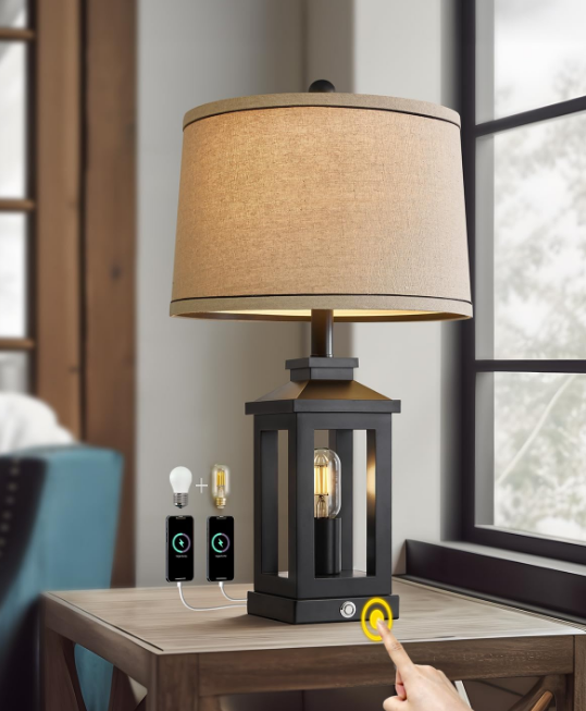 23.75" Retro Farmhouse Black Table Lamp for Living Room Bedroom Nightstand Single Pack Touch Control Bedside Nightlight Vintage Modern Lamp with USB C+A Ports and 2 Light Sources