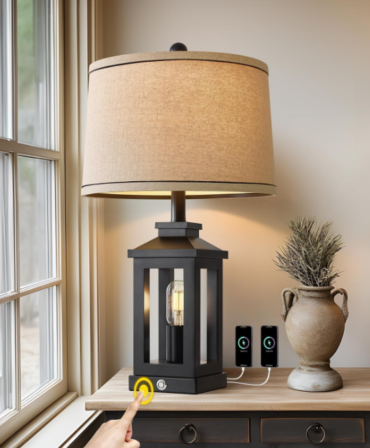 23.75" Retro Farmhouse Black Table Lamp for Living Room Bedroom Nightstand Single Pack Touch Control Bedside Nightlight Vintage Modern Lamp with USB C+A Ports and 2 Light Sources