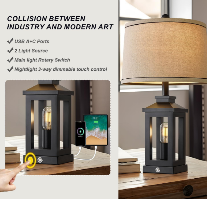 23.75" Retro Farmhouse Black Table Lamp for Living Room Bedroom Nightstand Single Pack Touch Control Bedside Nightlight Vintage Modern Lamp with USB C+A Ports and 2 Light Sources