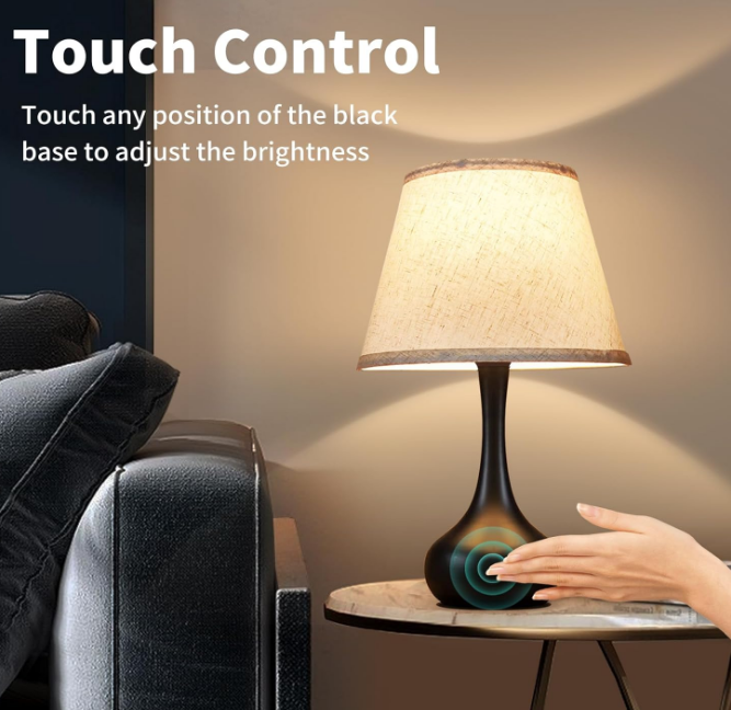 Touch Bedside Lamp for Bedroom, 3-Way Dimmable Farmhouse Table Lamps for Nightstand with Fabric Shade, Desk Lamp for Kids Reading, Home Office
