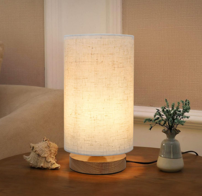 Small Bedside Night Table Lamp for Bedroom, Minimalist Nightstand Lamp with Round Fabric Linen Shade, Study Reading Desk Lamp for Kids Room, Living Room, College Dorm, Home, Office