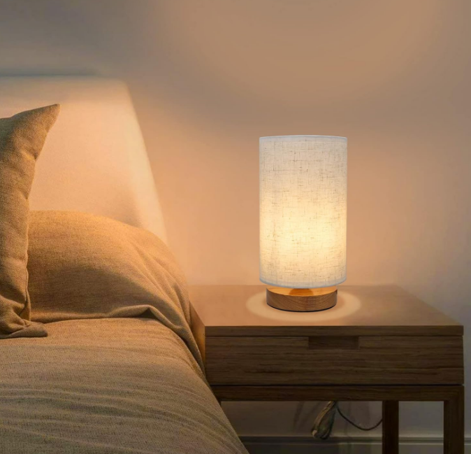 Small Bedside Night Table Lamp for Bedroom, Minimalist Nightstand Lamp with Round Fabric Linen Shade, Study Reading Desk Lamp for Kids Room, Living Room, College Dorm, Home, Office