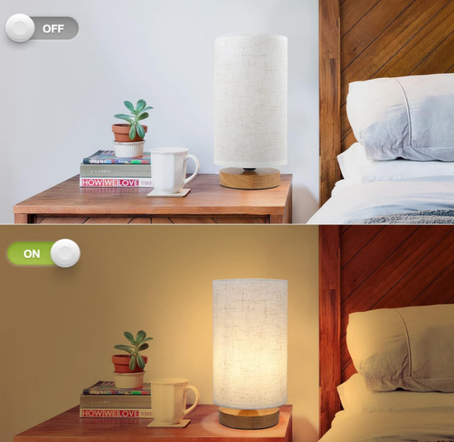 Small Bedside Night Table Lamp for Bedroom, Minimalist Nightstand Lamp with Round Fabric Linen Shade, Study Reading Desk Lamp for Kids Room, Living Room, College Dorm, Home, Office