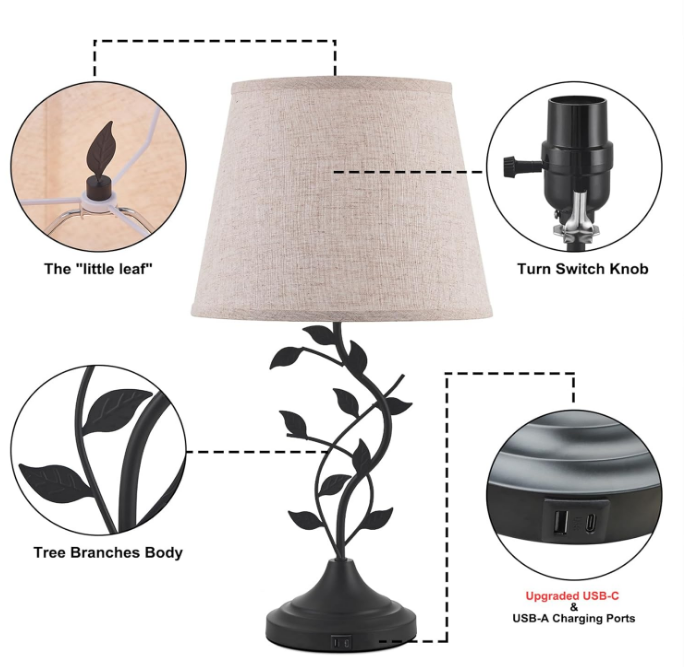 USB Charging Bedside Nightstand Lamp for Living Room and Bedroom - Traditional Tall Retro Desk Lamp with USB-A and USB-C Ports