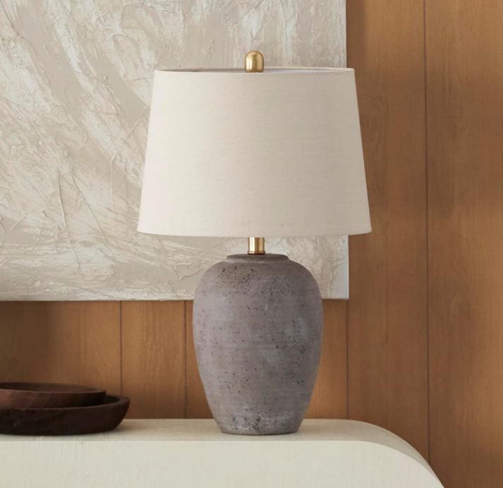 23" Rustic Brown with Gray Undertones Ceramic Pot Table Lamp for Bedroom, Living Room, Dining Room, Office, with Beige Shade