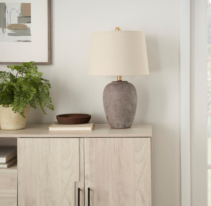 23" Rustic Brown with Gray Undertones Ceramic Pot Table Lamp for Bedroom, Living Room, Dining Room, Office, with Beige Shade