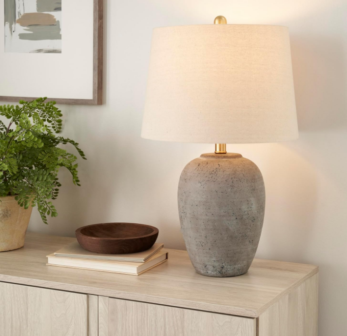 23" Rustic Brown with Gray Undertones Ceramic Pot Table Lamp for Bedroom, Living Room, Dining Room, Office, with Beige Shade